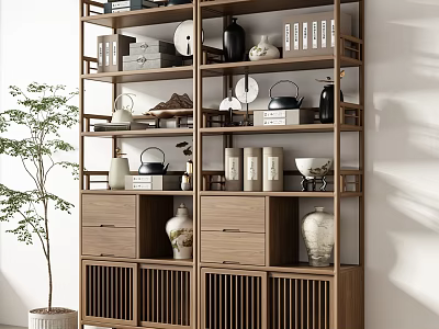 Chinese Wooden Display Shelf with Multi Layers Vases Books Teapots Decorations Drawers Grid Design 3d model