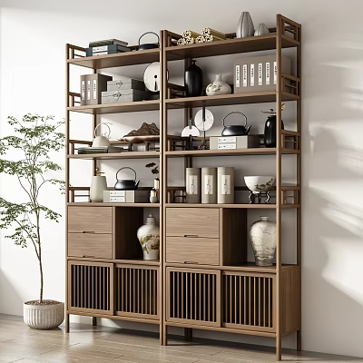 Chinese Wooden Display Shelf with Multi Layers Vases Books Teapots Decorations Drawers Grid Design 3d model