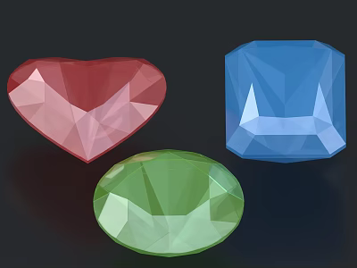 Colorful Precious Stone Gems With Red Heart Green Oval And Blue Square Shapes 3d model