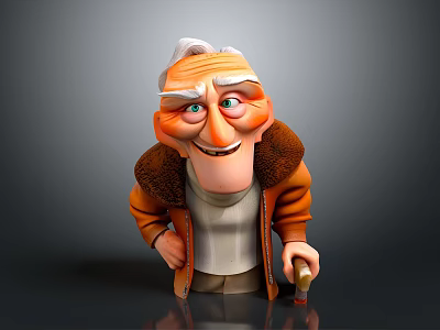 Elderly Man With White Hair Wrinkles And Brown Coat Holding Cane In Cartoon Style 3d model