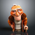 Elderly Man With White Hair Wrinkles And Brown Coat Holding Cane In Cartoon Style
