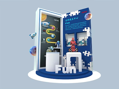 Colorful Children's Play Area With Space Themed Puzzle Pieces Rocket Models And Fun Sign 3d model