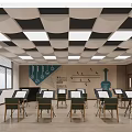 Art Book Classroom With Music Stands Green Violin Decor Wooden Walls And Checkered Ceiling