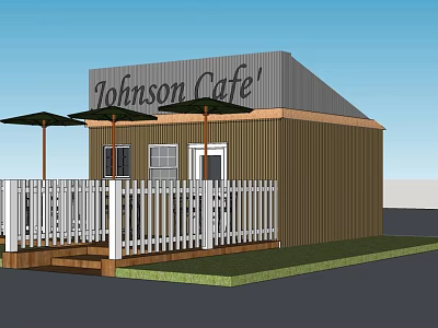 Johnson Cafe Exterior With Brown Metal Siding White Picket Fence And Outdoor Umbrellas 3d model