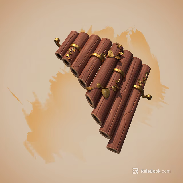 Wooden Pipe Musical Instrument With Golden Decorations And Art Supplies Paint Brush Strokes Background 3d model 