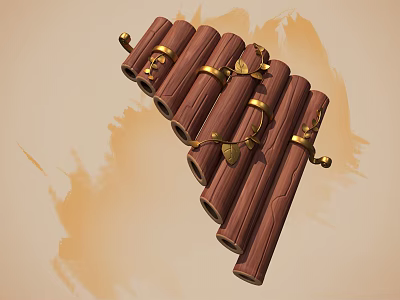 Wooden Pipe Musical Instrument With Golden Decorations And Art Supplies Paint Brush Strokes Background 3d model