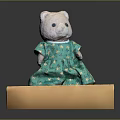 Cute Stuffed Bear Doll Wearing Green Dress With Yellow Star Patterns On Wooden Platform