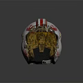 Red And White Striped Helmet With Yellow Goggles And Emblem Accents