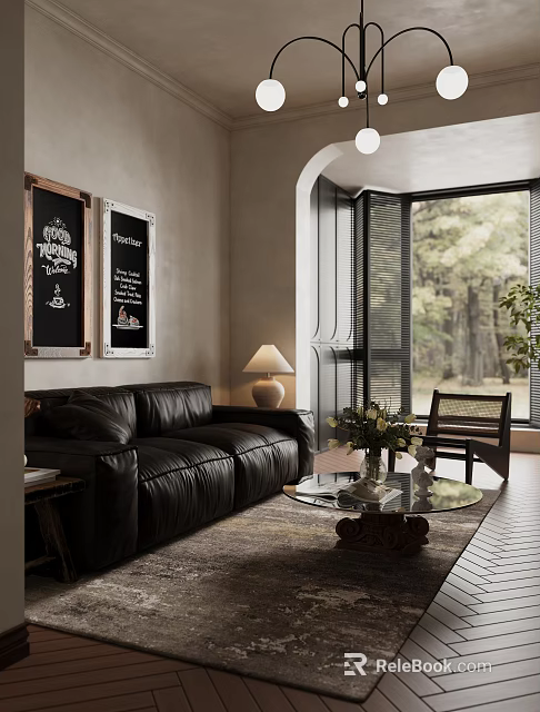 Modern Living Room With Black Leather Sofa Framed Artworks Glass Coffee Table And Trees Outside Window 3d model 