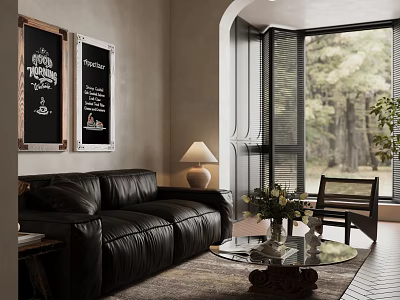 Modern Living Room With Black Leather Sofa Framed Artworks Glass Coffee Table And Trees Outside Window 3d model