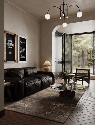 Modern Living Room With Black Leather Sofa Framed Artworks Glass Coffee Table And Trees Outside Window 3d model