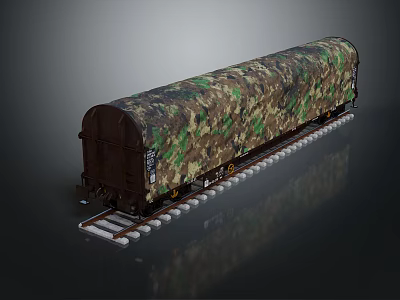 Camouflage Covered Military Style Train Carriage with Realistic Design on Railway Tracks 3d model