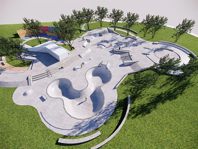 Modern Outdoor Skate Park Design Featuring Bowls Trees Grass And Seating Areas 3d model