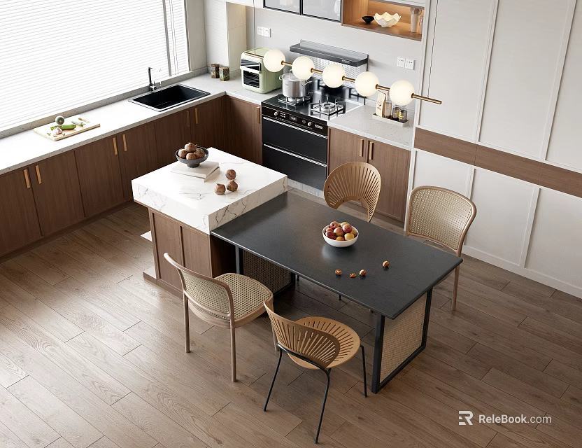 Modern Open Kitchen Interior Design With Island Countertop Cabinets Chairs And Appliances 3d model 