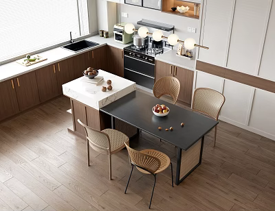 Modern Open Kitchen Interior Design With Island Countertop Cabinets Chairs And Appliances 3d model