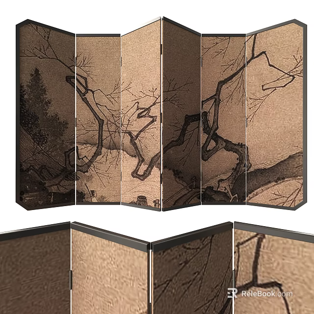 Traditional Nature Inspired Folding Screen With Tree Branch Patterns And Wooden Frame 3d model