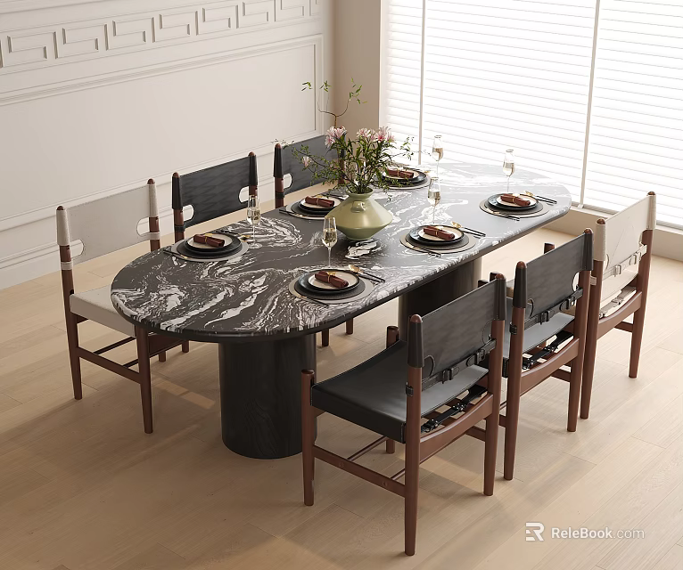 Marble Top Oval Dining Table and Chairs with Wooden Legs Black Seats Vase and Tableware 3d model 