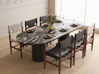 Marble Top Oval Dining Table and Chairs with Wooden Legs Black Seats Vase and Tableware 3d model