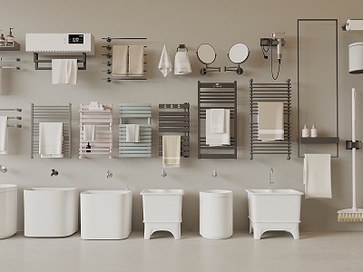 Modern Bathroom Supplies Combination Mop Pool Towel Rack Mop Trash Toilet Paper Towel Folding Cosmetic Mirror 3d model