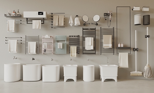 Modern Bathroom Supplies Combination Mop Pool Towel Rack Mop Trash Toilet Paper Towel Folding Cosmetic Mirror 3d model