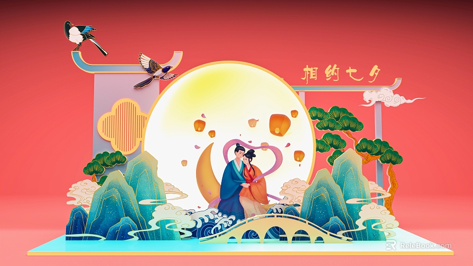 Traditional Chinese Qixi Festival Scene With Couple Full Moon Floating Lanterns And Arch Bridge 3d model 