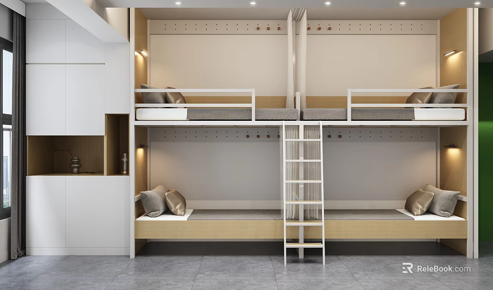 Modern School Dormitory With Bunk Beds Ladder Storage Cabinets And Interior Design 3d model 