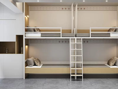 Modern School Dormitory With Bunk Beds Ladder Storage Cabinets And Interior Design 3d model