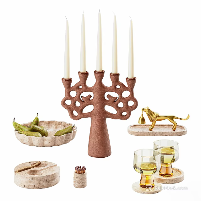 Elegant Tea Set Featuring Tree Shaped Candelabra Pear Filled Plate and Golden Lion Figurine 3d model 