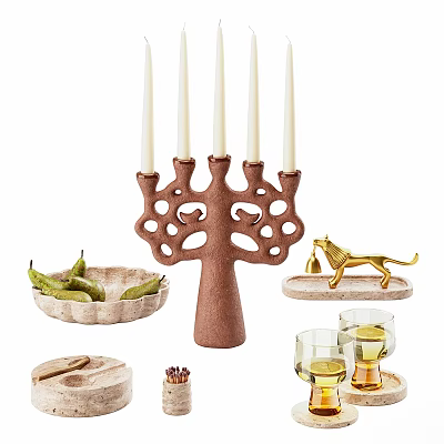 Elegant Tea Set Featuring Tree Shaped Candelabra Pear Filled Plate and Golden Lion Figurine 3d model