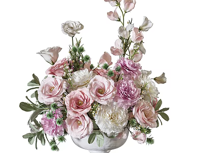 Beautiful Vase With Colorful Pink White And Light Purple Flowers Green Leaves For Home Decoration 3d model