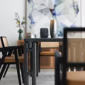 Modern Dining Table Set With Rattan Chairs Abstract Painting And Wooden Cabinet