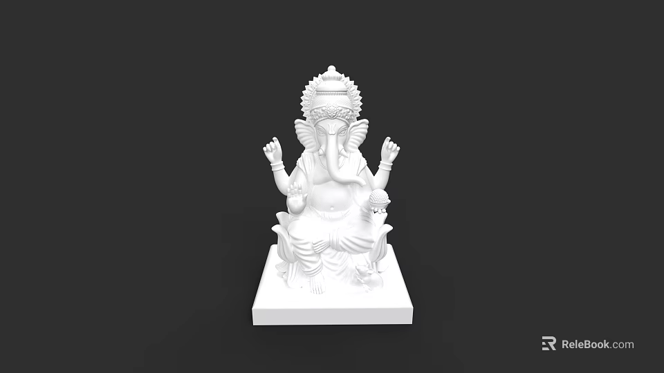 Detailed White Ganesha Sculpture With Multi Armed Design Seated On Base 3d model 