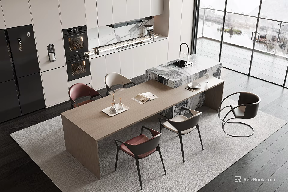 Modern Kitchen Dining Table Set With Mixed Color Chairs And Marble Island Scenic View 3d model 