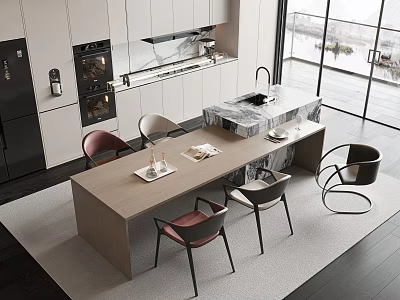 Modern Kitchen Dining Table Set With Mixed Color Chairs And Marble Island Scenic View 3d model