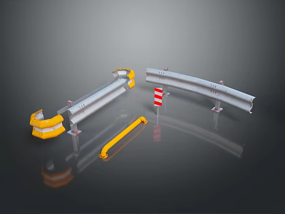 Scenic Roadside Landscape With Yellow Guardrails And Red White Warning Signs 3d model