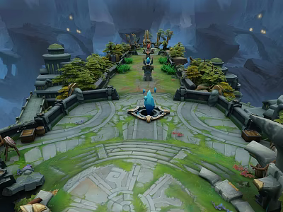 Cartoon Style Fantasy Courtyard With Stone Pavement Green Plants Central Blue Character And Stone Structures 3d model