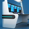 Modern White Desk Workstation With Multiple Monitors Ergonomic Chair And Control Panel 3d model