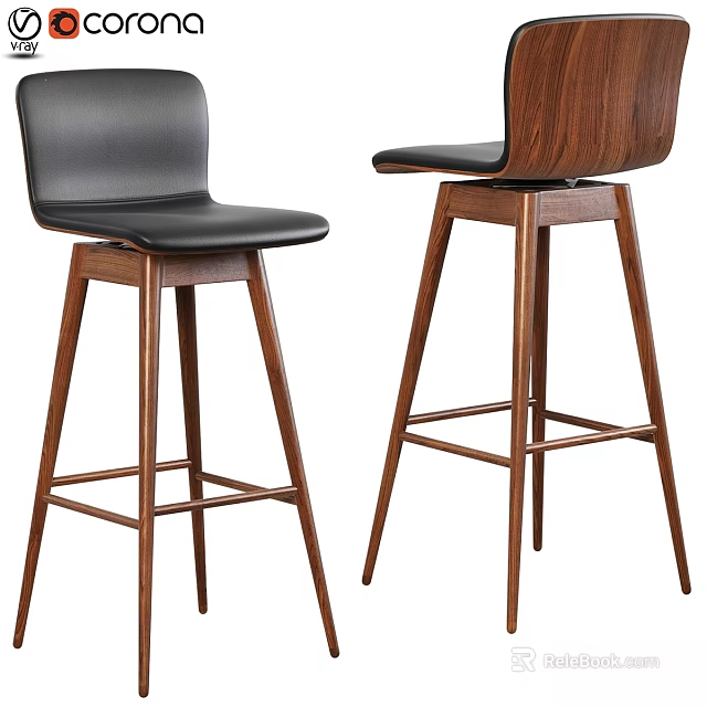Modern Black Leather Bar Stool With Sleek Wooden Frame And Backrest 3d model 