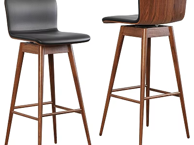 Modern Black Leather Bar Stool With Sleek Wooden Frame And Backrest 3d model