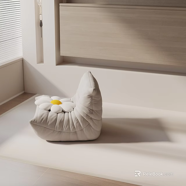 White Accent Leisure Chair With Daisy Shaped Yellow Center Cushion By Window 3d model 