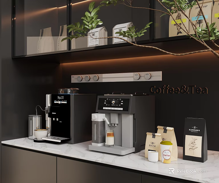 Elegant Modern Coffee Machine And Tea Supplies On Home Kitchen Counter 3d model 