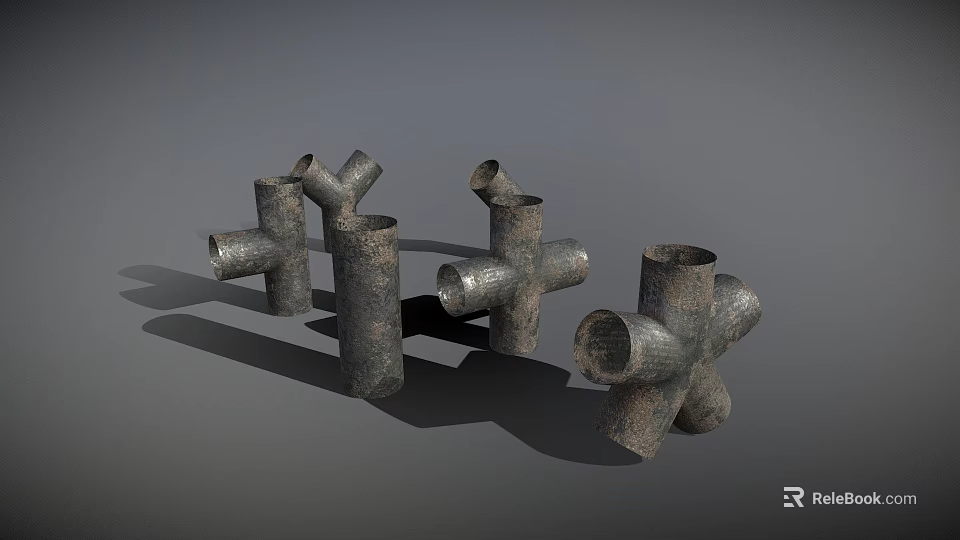Industrial Metal Pipe Fittings with Cross and T Shaped Connection Structures 3d model 
