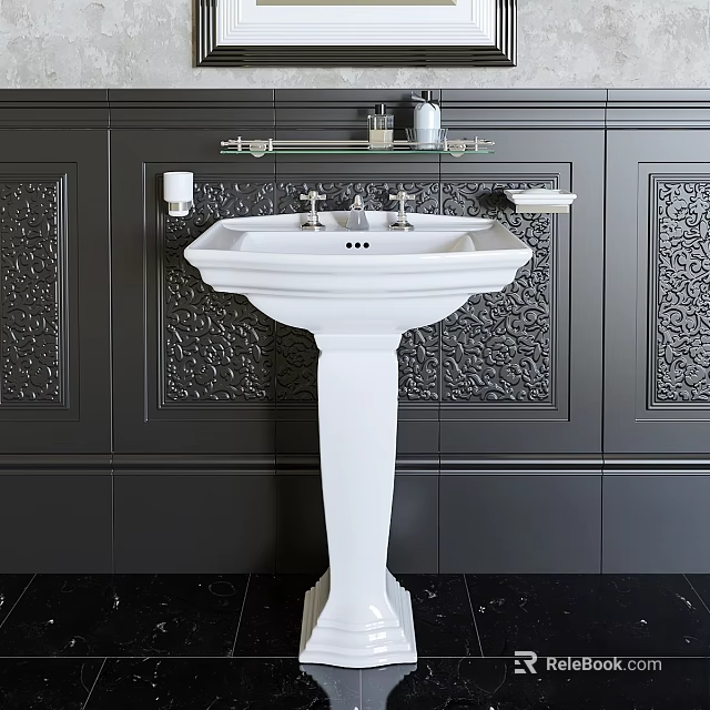 Elegant White Pedestal Basin with Glass Shelf and Toiletries against Dark Ornate Wall 3d model 