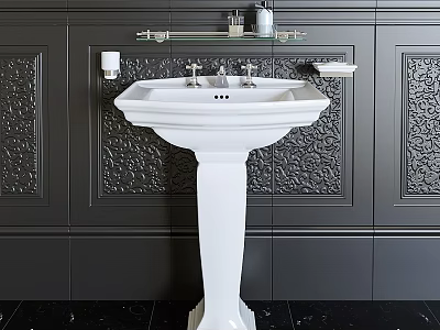 Elegant White Pedestal Basin with Glass Shelf and Toiletries against Dark Ornate Wall 3d model