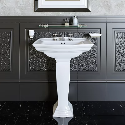 Elegant White Pedestal Basin with Glass Shelf and Toiletries against Dark Ornate Wall 3d model