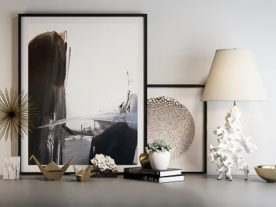 Decorative Ornament Combination Featuring Paintings Table Lamp Origami Sculpture Books And Potted Plant 3d model
