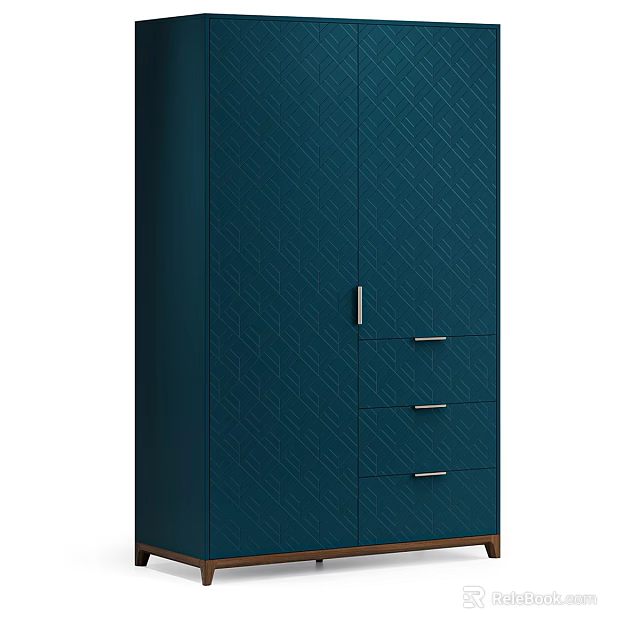 Navy Blue Wardrobe With Geometric Pattern Double Doors Drawers Metal Handles Wooden Base 3d model 
