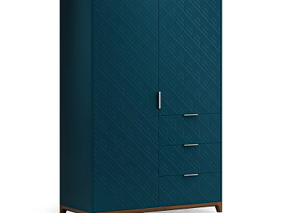 Navy Blue Wardrobe With Geometric Pattern Double Doors Drawers Metal Handles Wooden Base 3d model