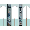 Modern White and Light Blue Wardrobe with Gold Handles Open Shelves Decorative Items and Books