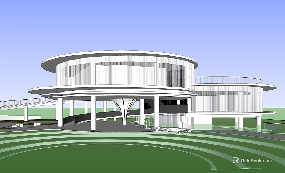 Modern Circular Building Design With Large Windows Green Lawn And Curved Terrace 3d model